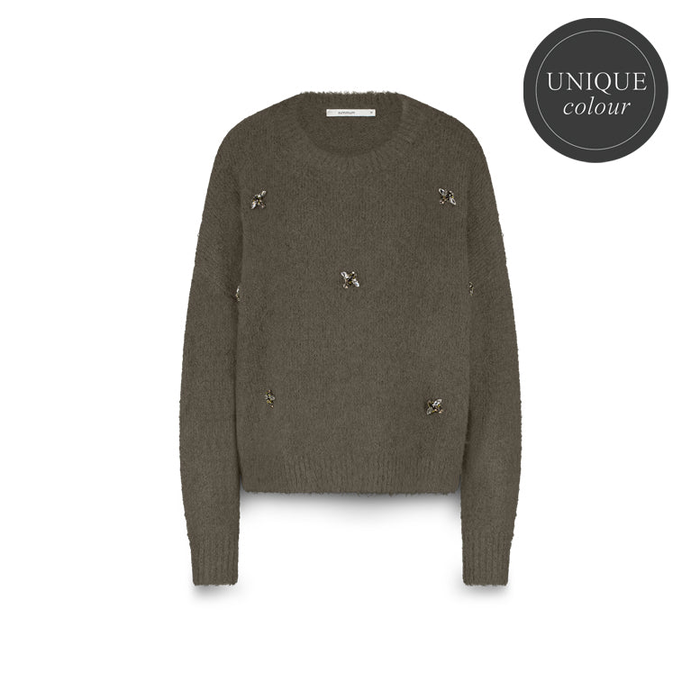 Verzierter Pullover aus Melange-Strick mit Bienen