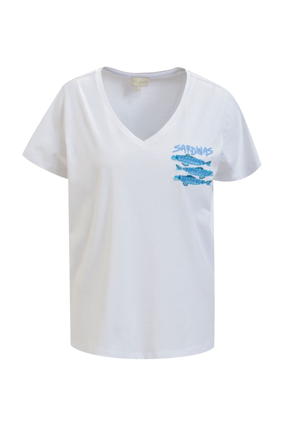 V-Neck T-Shirt mit Sardinen-Stickerei