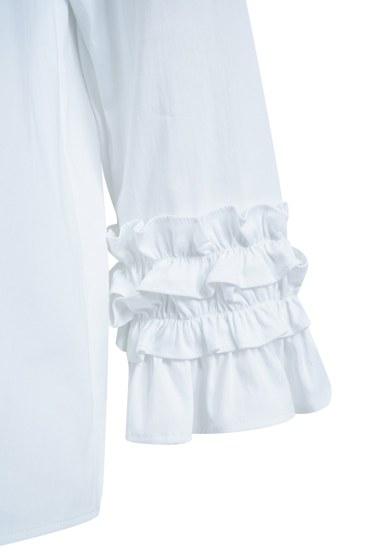 Elegante Stehkragen-Bluse in Reinweiß – Romantische Volants treffen auf cleanen Chic