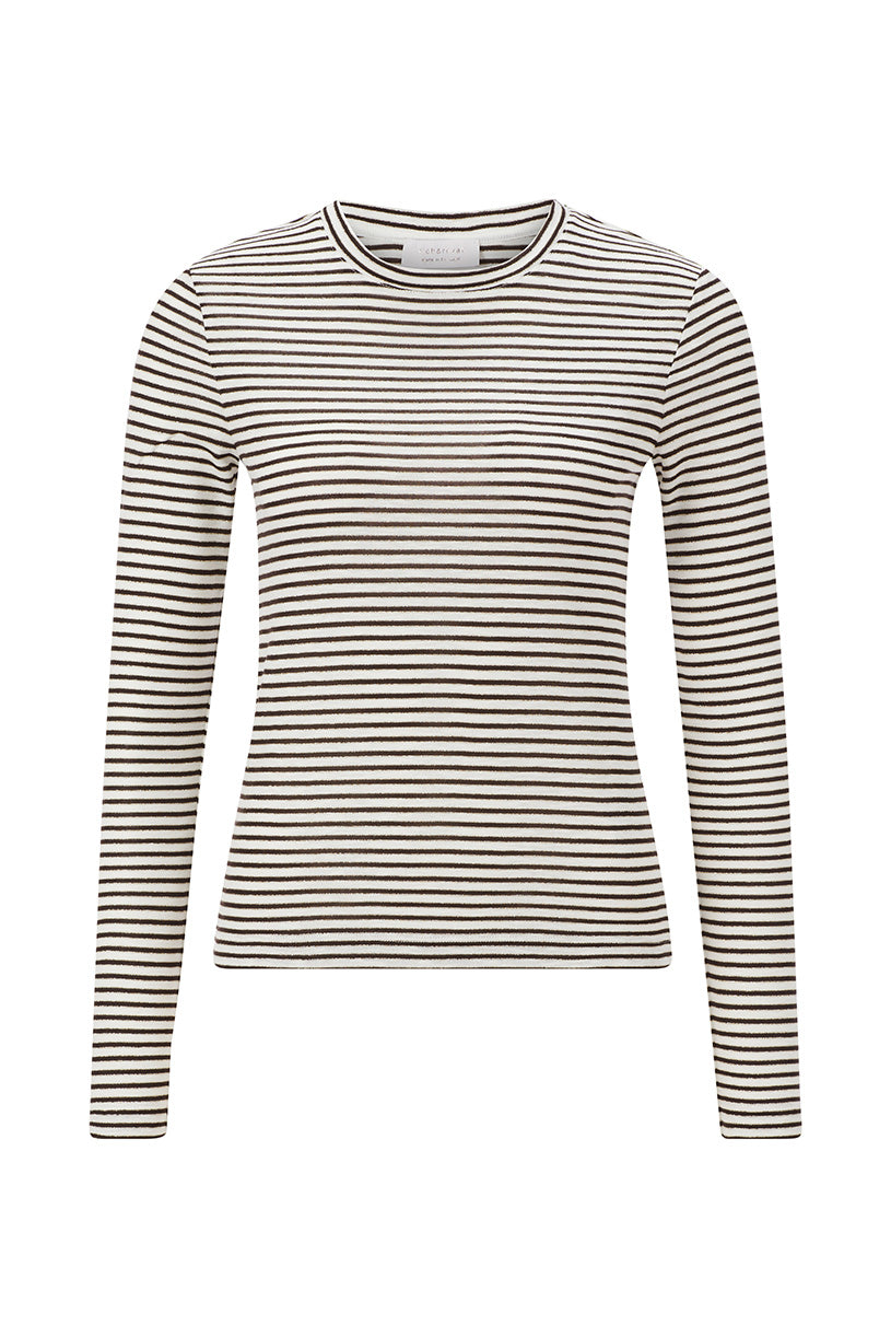 Maritimer Streifen-Chic – Das elastische Longsleeve in Espressobraun und Khakigrün