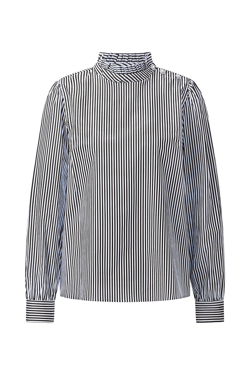 Raffinierter Streifen-Chic – Die elegante Stehkragenbluse mit funkelndem Knopfdetail