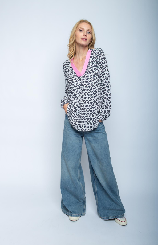 Shirtbluse mit Kontrastdetails & Tupfen-Druck