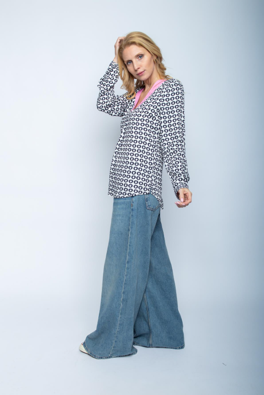 Shirtbluse mit Kontrastdetails & Tupfen-Druck