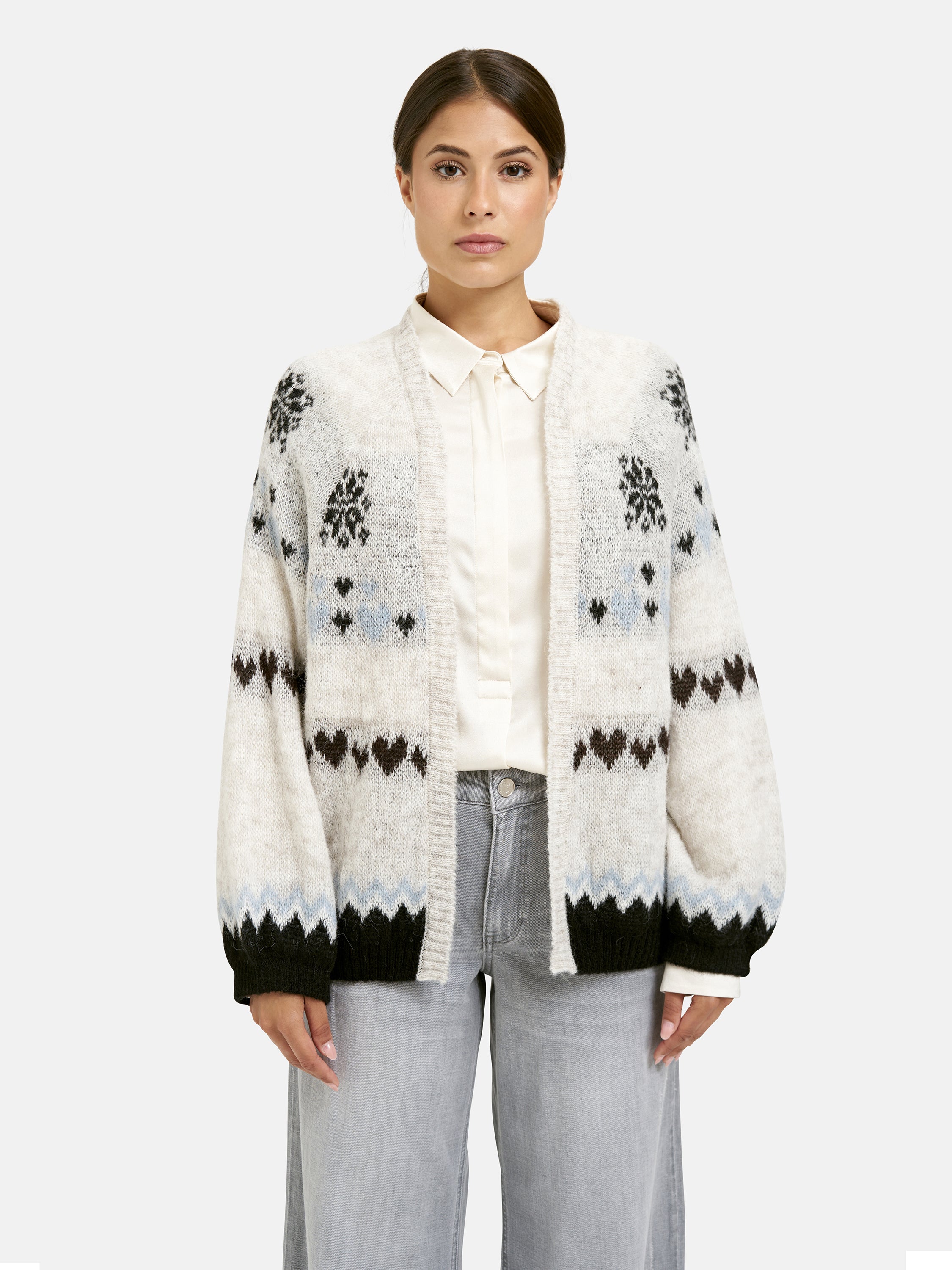Offene Strickjacke mit Intarsien