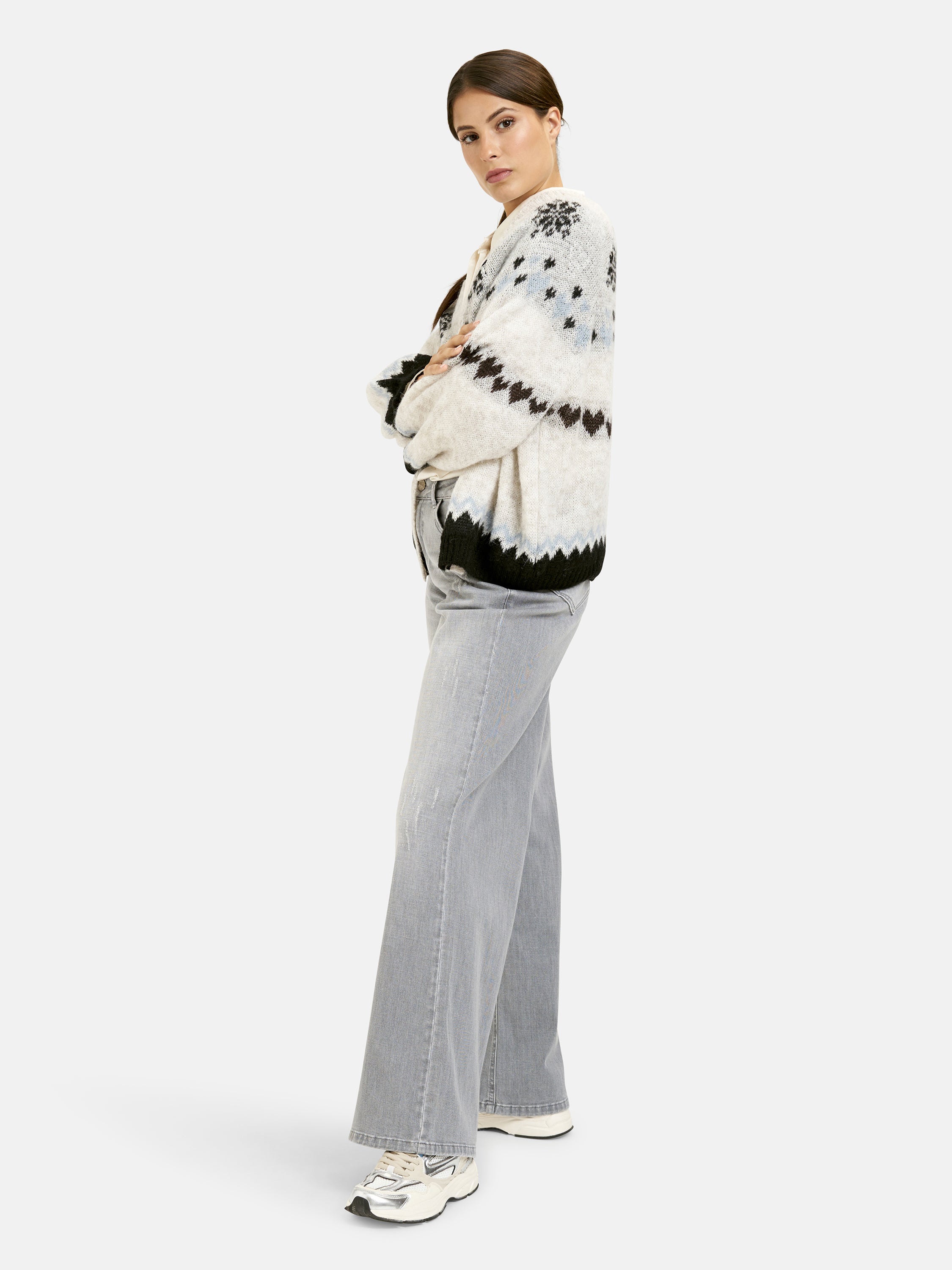 Offene Strickjacke mit Intarsien