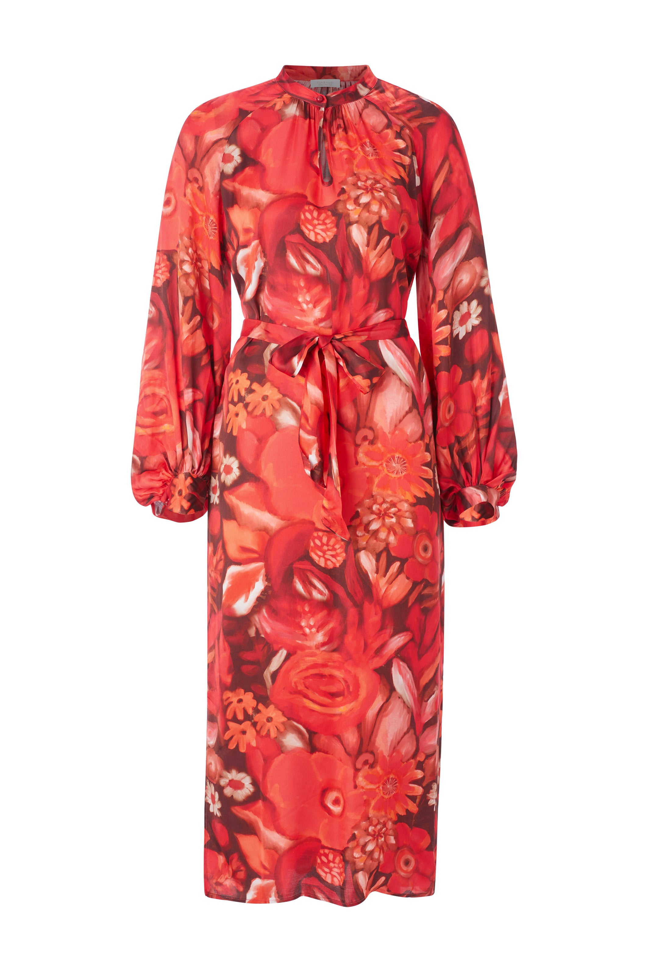 Rotes Midikleid mit floralem Muster und eleganten Ballonärmeln
