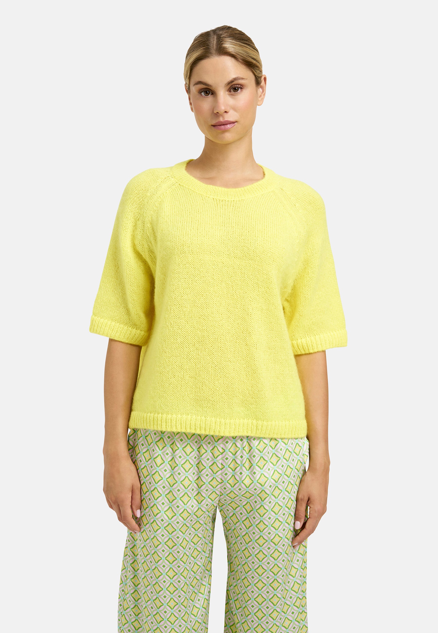 Locker geschnittener Kurzarm-Strickpullover in Neon-Gelb