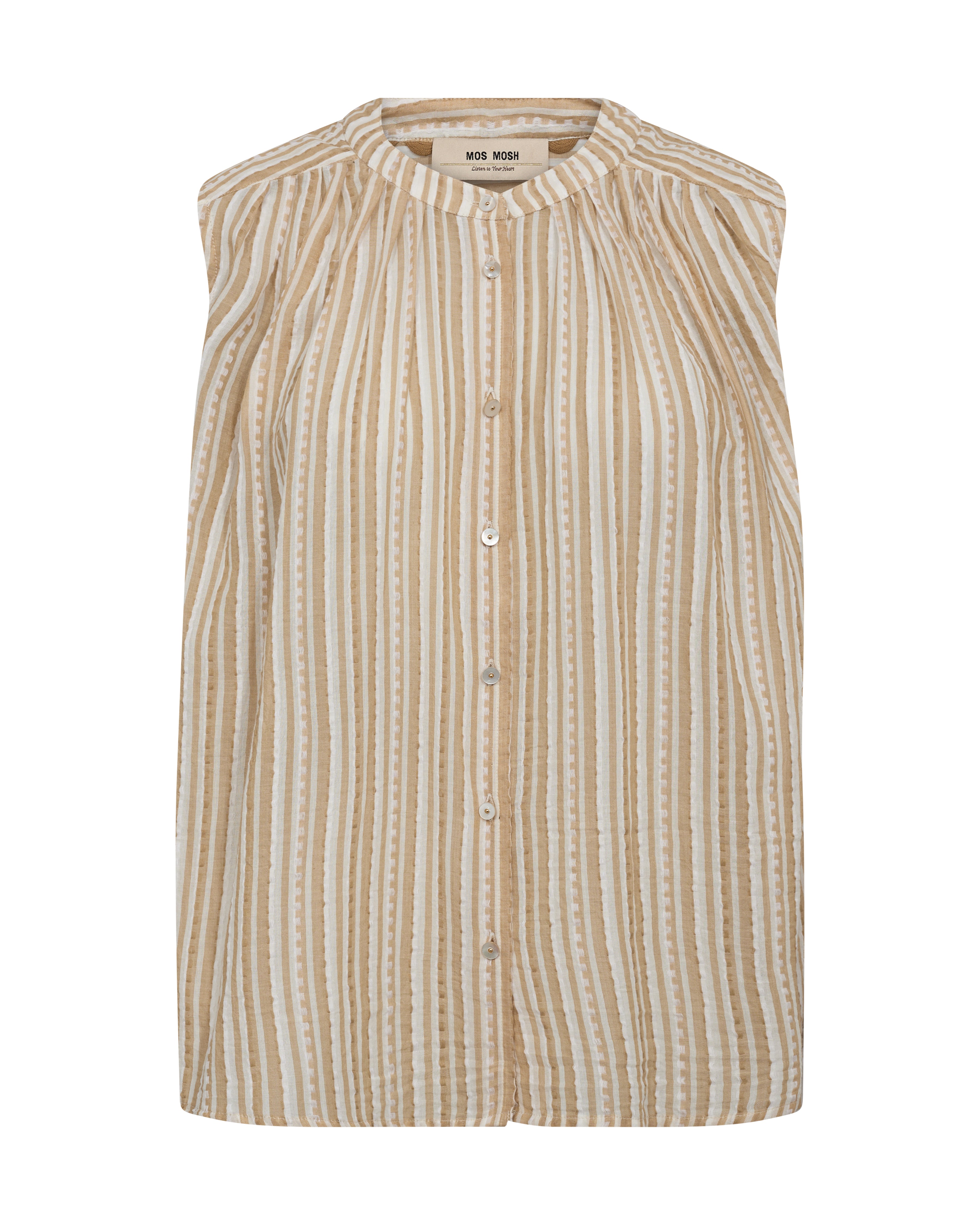 Diese ärmellose Bluse besticht durch ihr charmantes Streifendesign in warmen Erdtönen