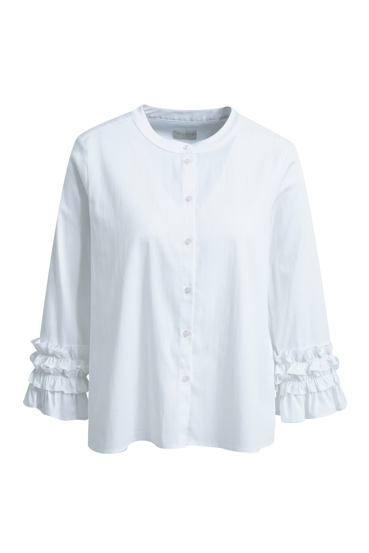 Elegante Stehkragen-Bluse in Reinweiß – Romantische Volants treffen auf cleanen Chic