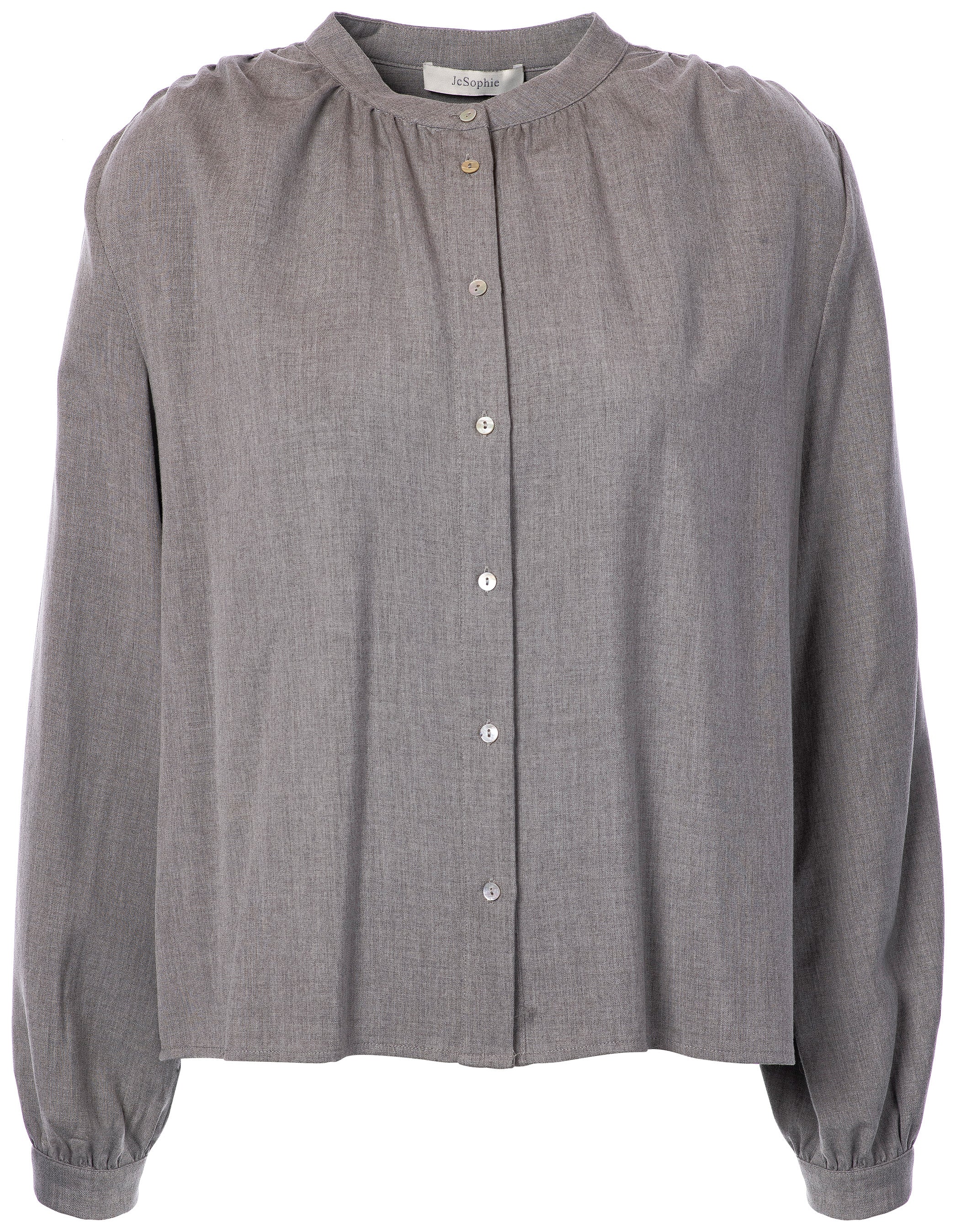 Die fließende Stehkragenbluse in elegantem Grau