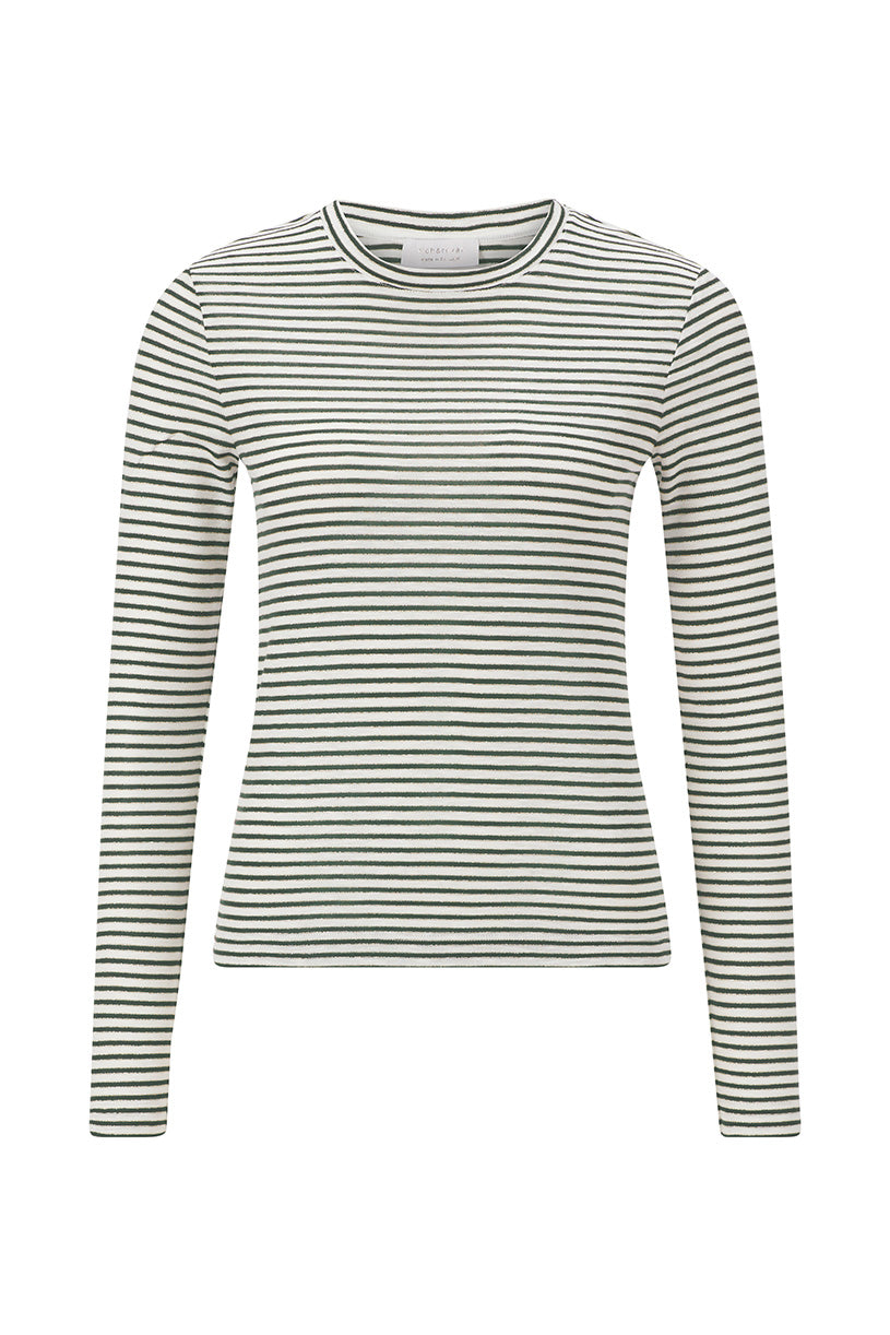 Maritimer Streifen-Chic – Das elastische Longsleeve in Espressobraun und Khakigrün