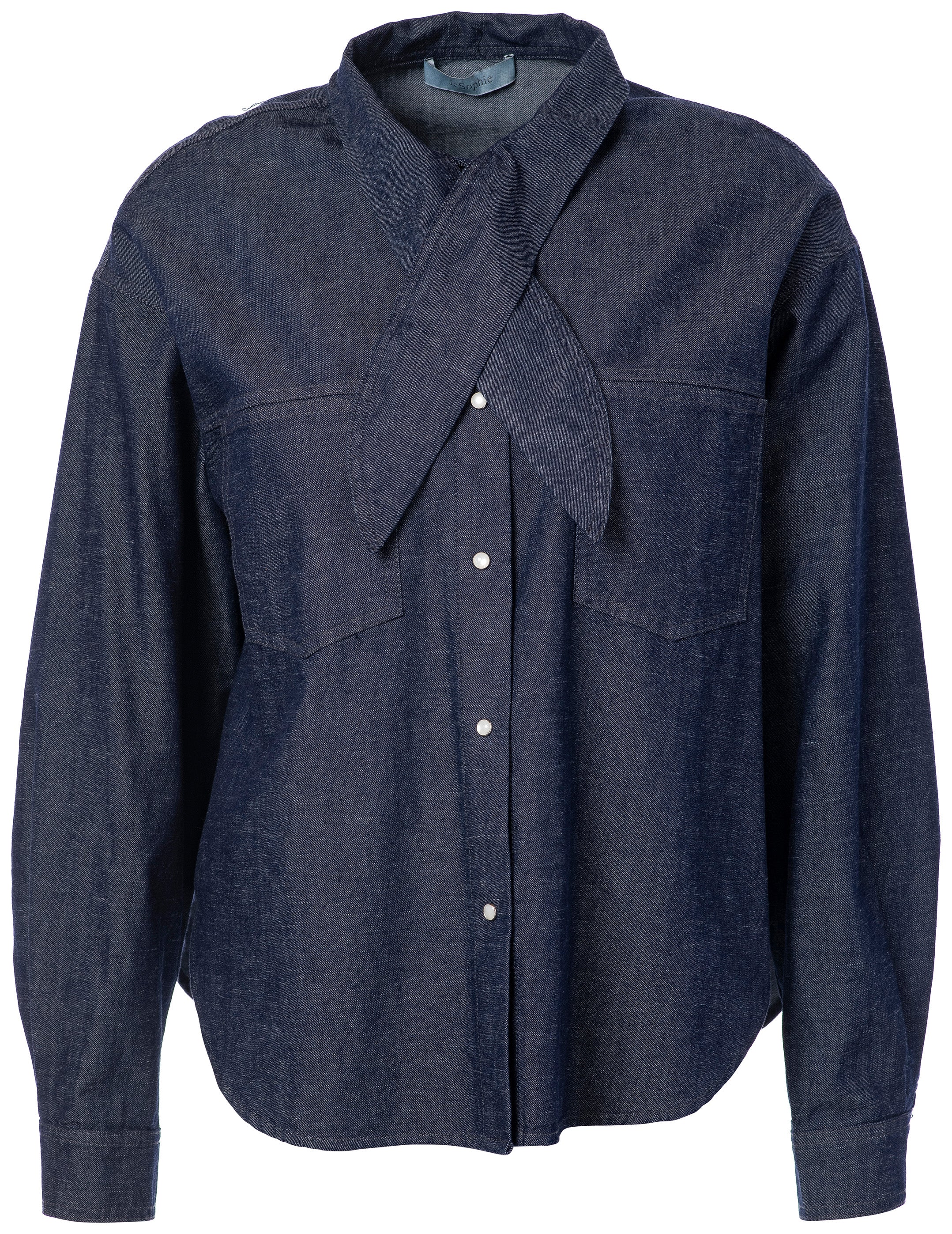 Femininer Denim-Chic: Dunkelblaue Jeansbluse mit eleganter Schluppe