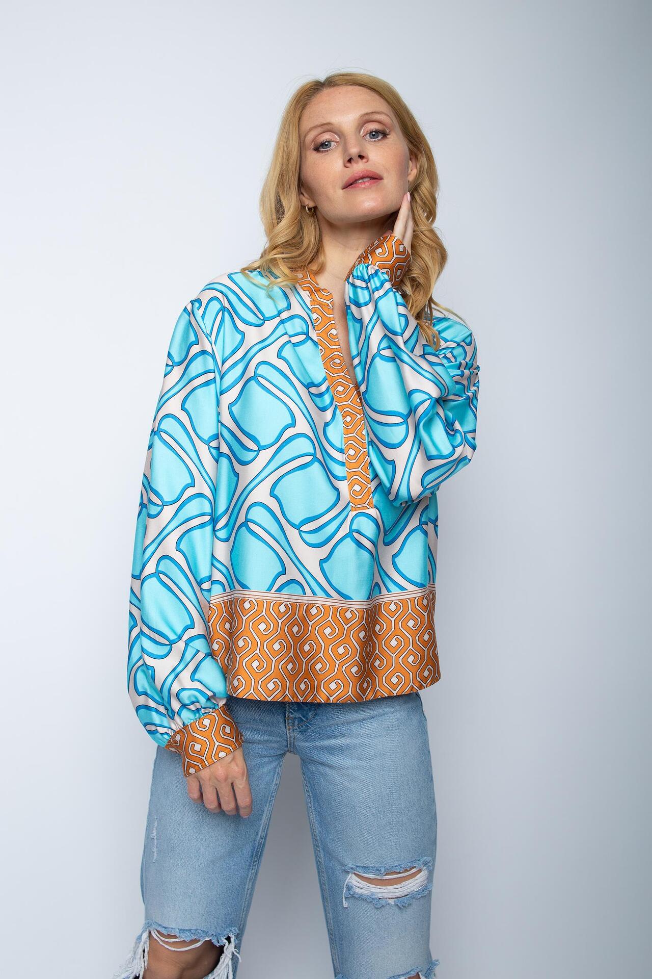 Boxy Shirt-Bluse mit Retro-Bordüren-Print