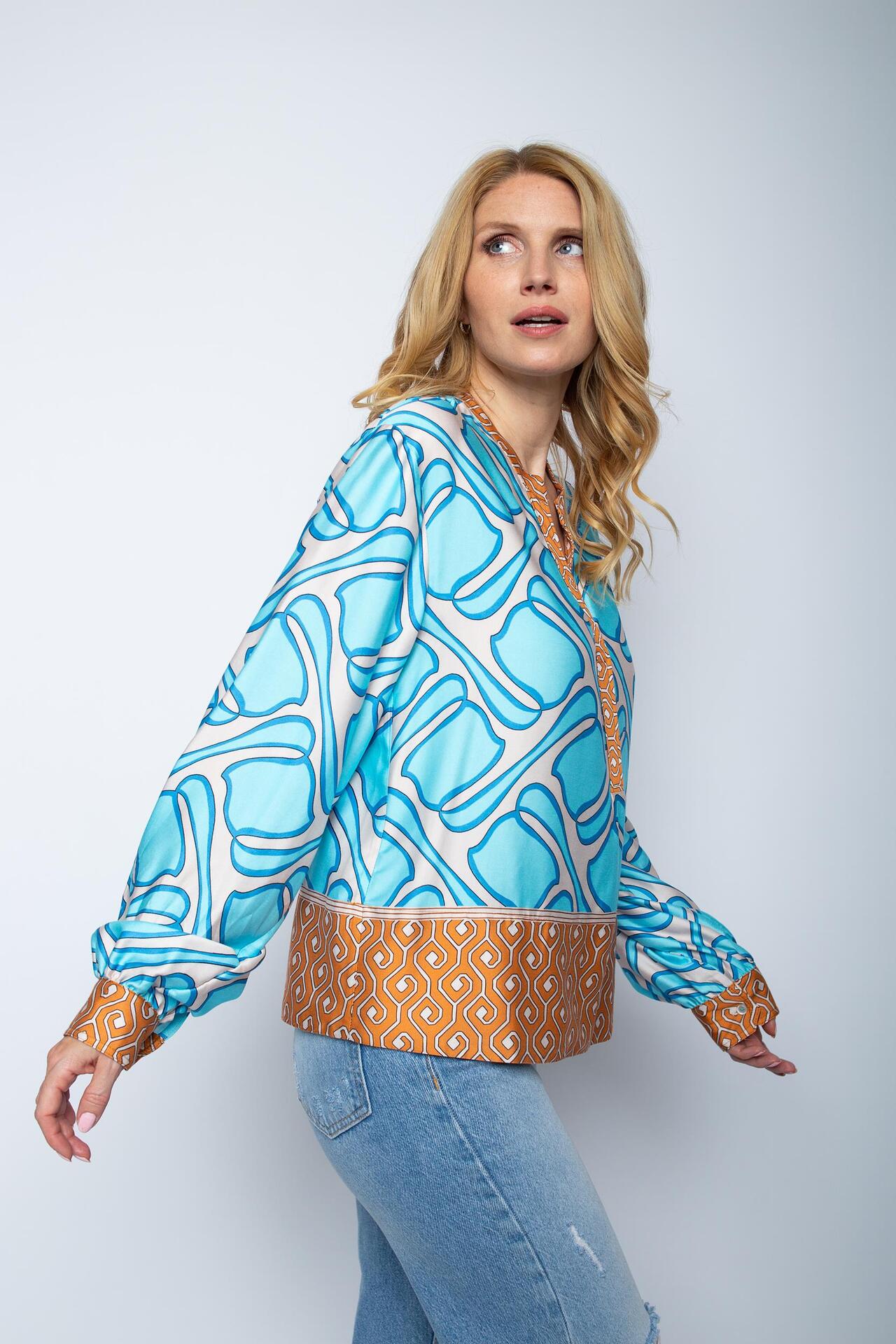 Boxy Shirt-Bluse mit Retro-Bordüren-Print